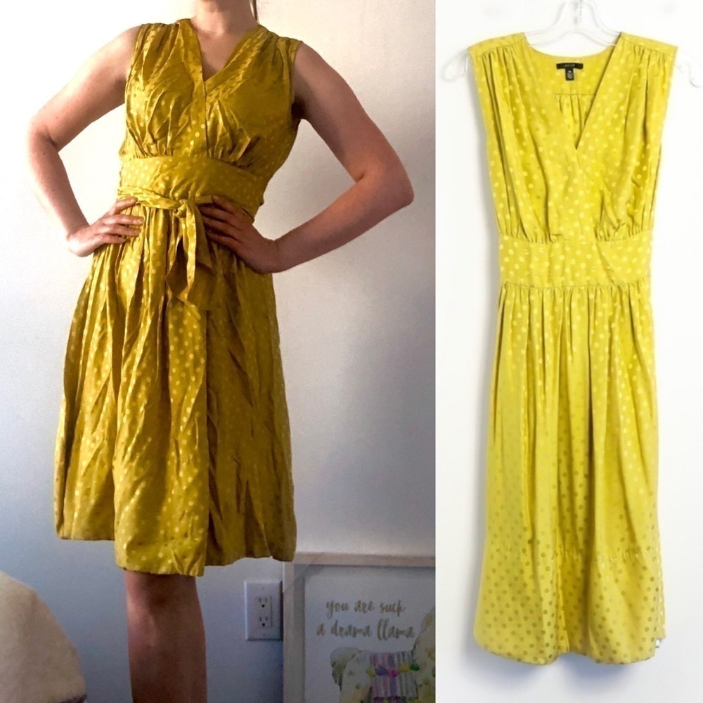 Jacob 100% silk yellow midi dress polka dot mustard V-neck belted cocktail 7/8 M